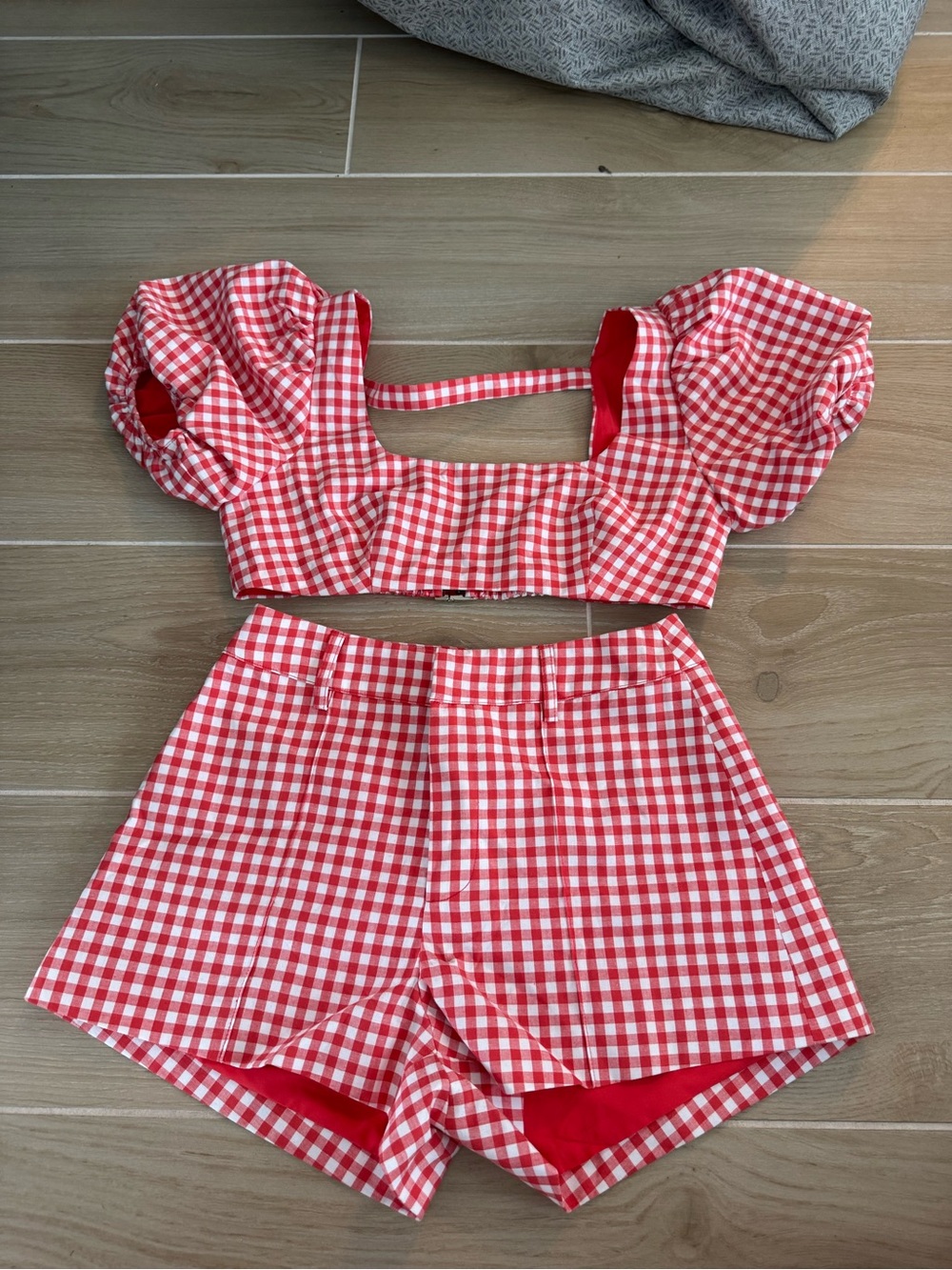 Red Gingham Puff-Sleeve Crop Top & Matching High-Waist Bermudas